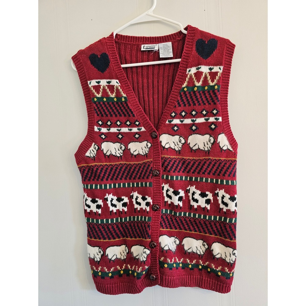 Capacity Vintage Sheep‎ and Cow Pattern Knit Sweater Vest Red Medium grandmacore